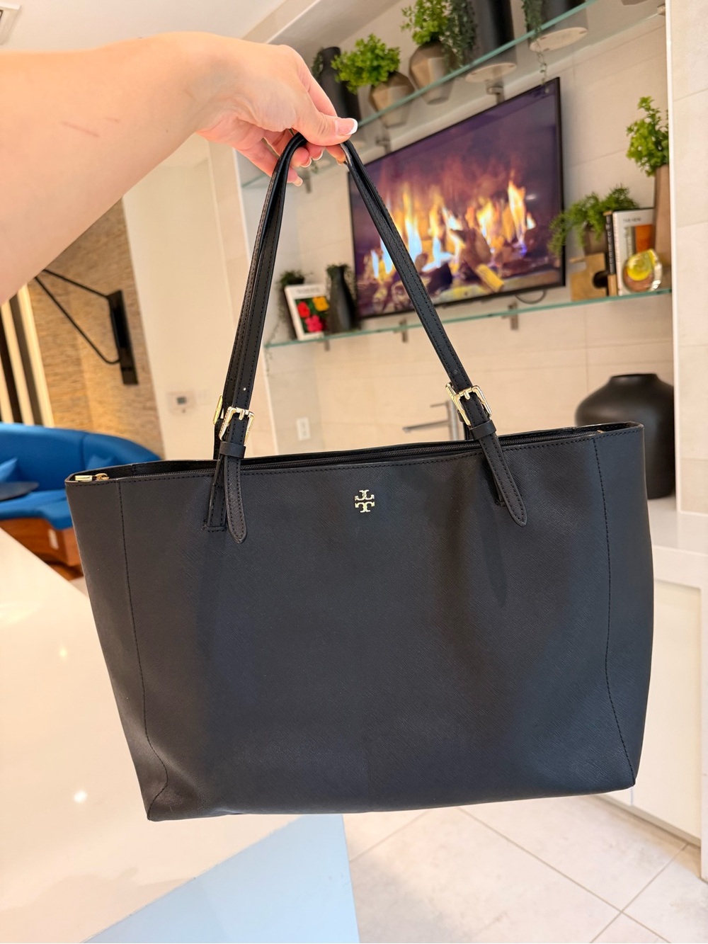Tory Burch York Buckle Tote Bag Saffiano Leather Black